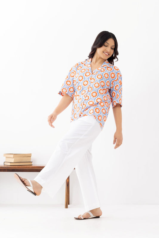 Pure linen cotton fabric block print patterned collar shirt with half sleeves