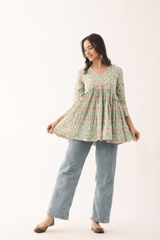 Pista Green Sanganeri Organic Cotton Top