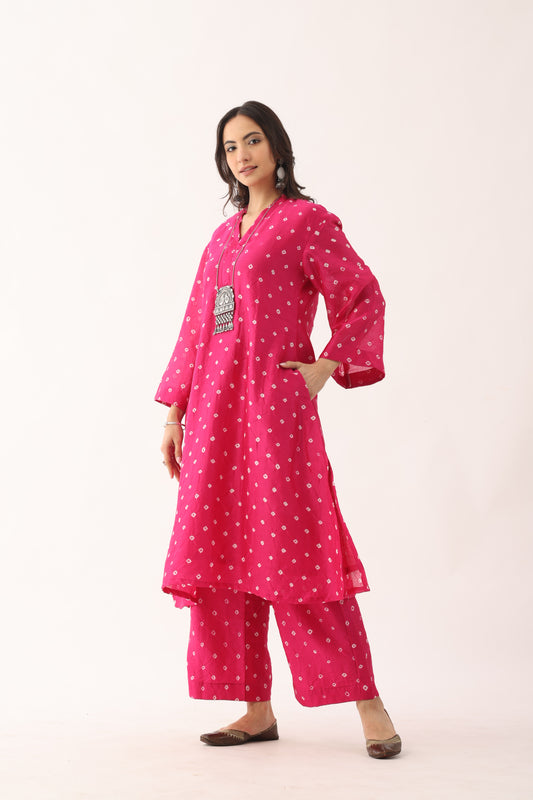 Rani Pink Bandhani Chanderi Silk Suit Set