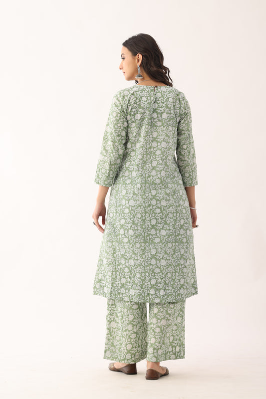 Pista Green Sanganeri Organic Cotton Suit Set
