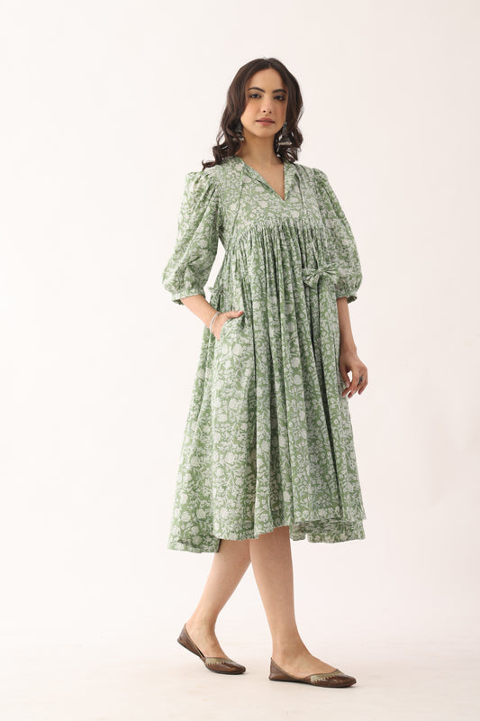 Pista Green Sanganeri Organic Cotton Dress