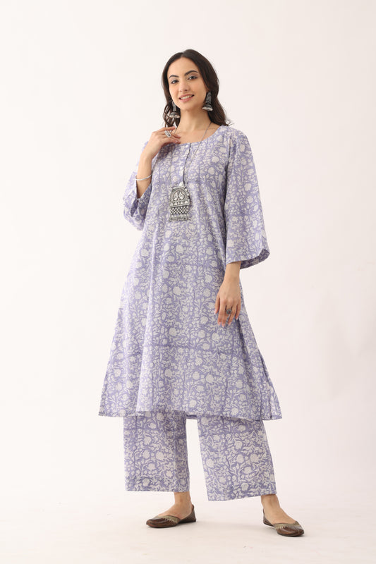Floral Lavender Sanganeri Organic Cotton A Line Suit Set