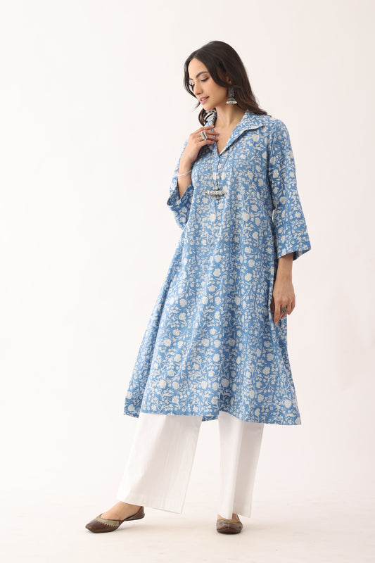 Triveni Blue Sanganeri Organic Cotton Kurta