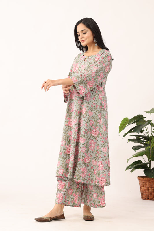 Herbal Green Sanganeri Organic Cotton A Line Suit SEt