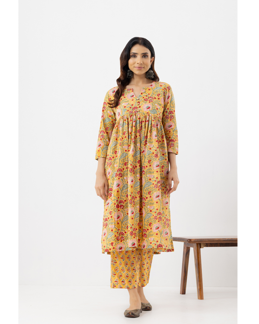 Yellow Block printed suit set