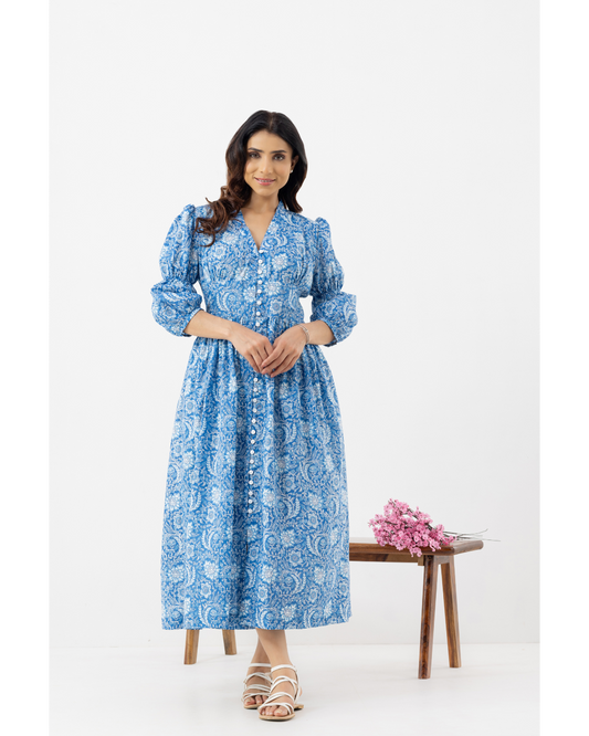 Pure linen cotton fabric v neck blue floral maxi night dress with 3/4 length sleeves and a V-neck