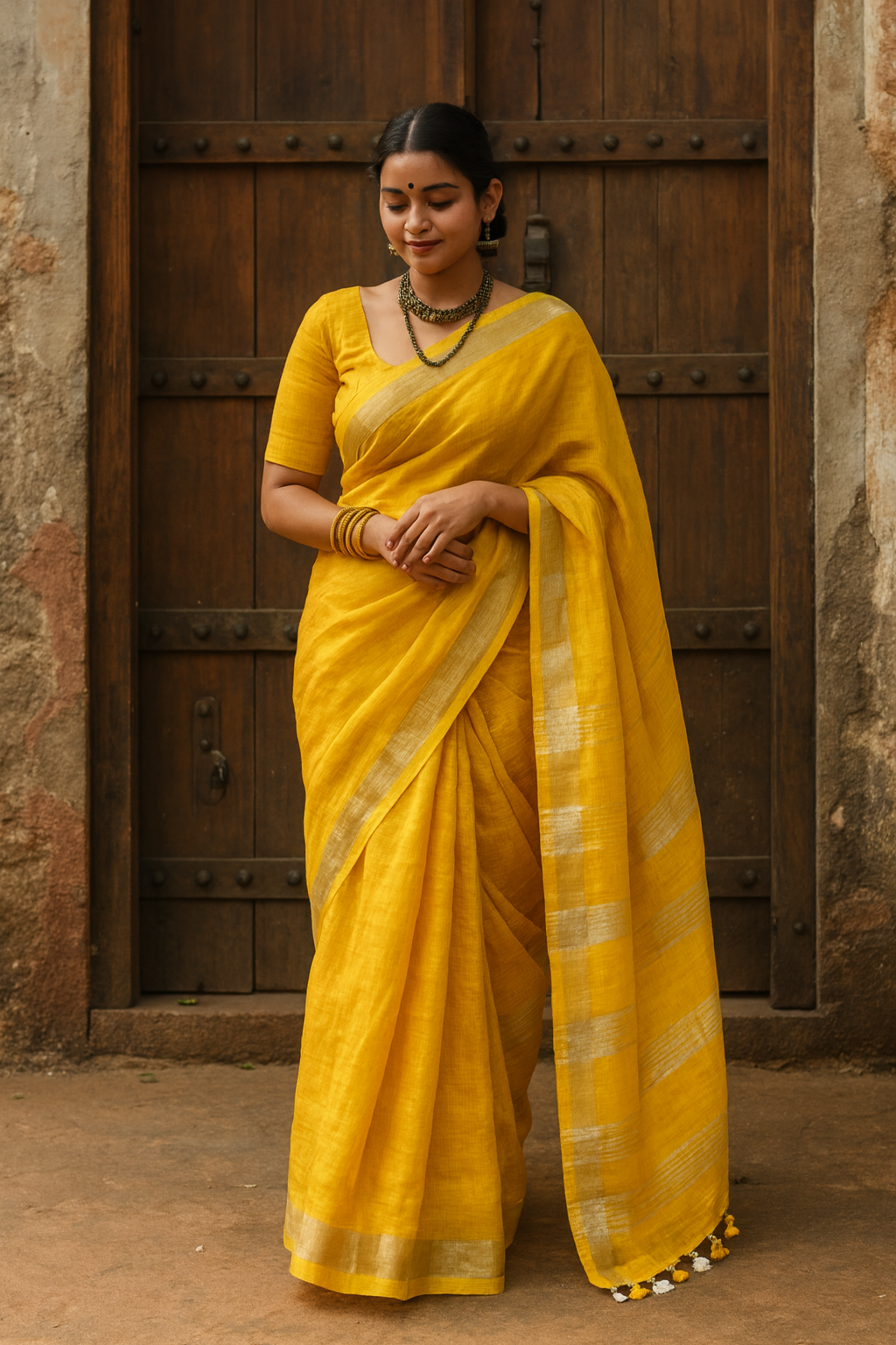 Marigold Yellow Linen Saree