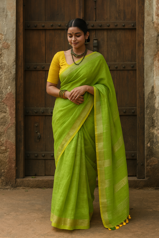 Tulsi Tara Green Linen Saree