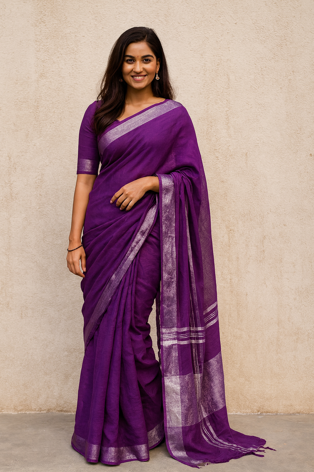 Purple Cotton Linen Saree