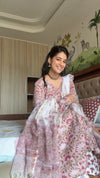 Pink Floral Hand Block Print Cotton Anarkali Kurta Pant Dupatta Set