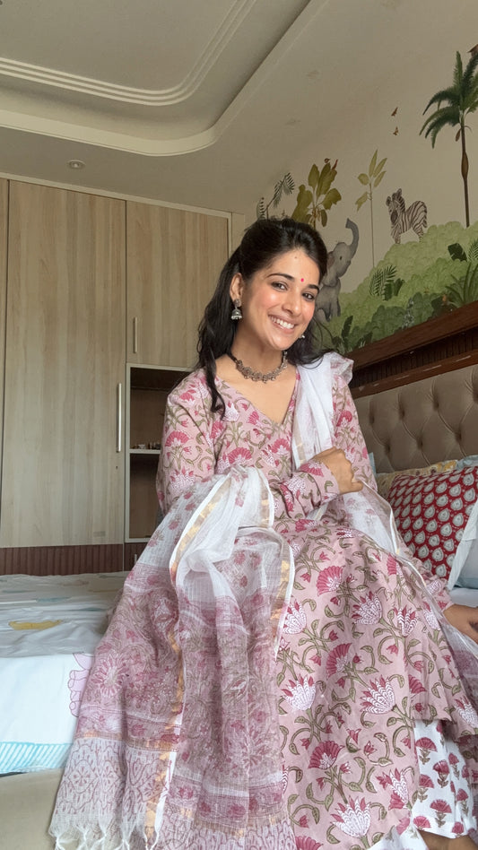 Pink Floral Hand Block Print Cotton Anarkali Kurta Pant Dupatta Set