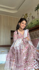 Pink Floral Hand Block Print Cotton Anarkali Kurta Pant Dupatta Set