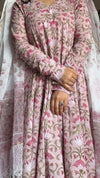 Pink Floral Hand Block Print Cotton Anarkali Kurta Pant Dupatta Set