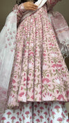 Pink Floral Hand Block Print Cotton Anarkali Kurta Pant Dupatta Set