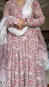 Pink Floral Hand Block Print Cotton Anarkali Kurta Pant Dupatta Set