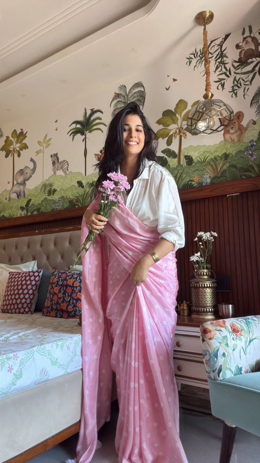 Blush Pink Bandhani Saree for Women