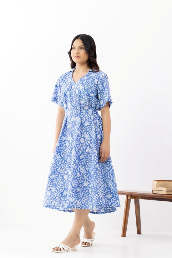 Pure linen cotton fabric v neck blue floral maxi night dress with half sleeves and a collar