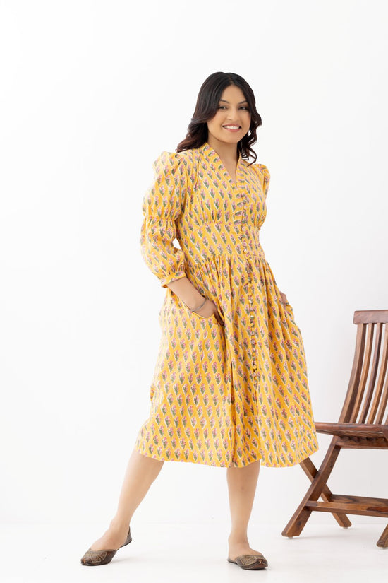 pure linen fabric booti printed yellow patterned dress with side pockets