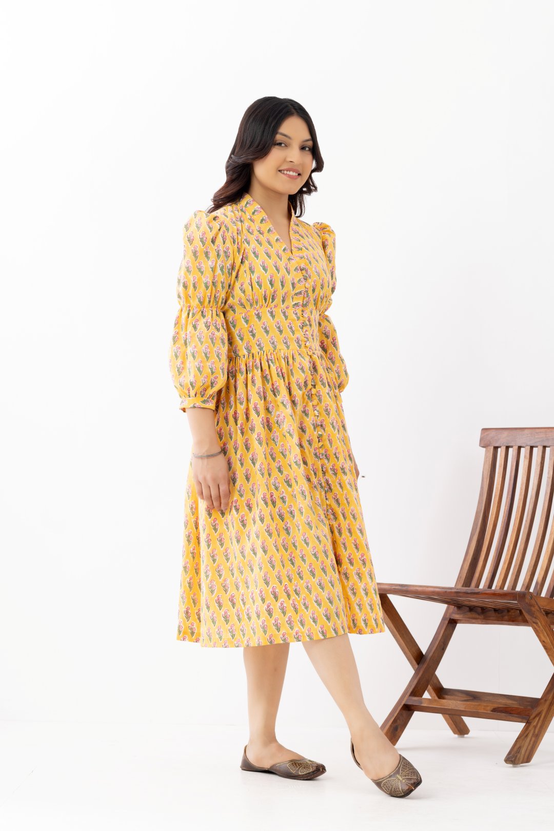 pure linen fabric booti printed yellow patterned dress with side pockets
