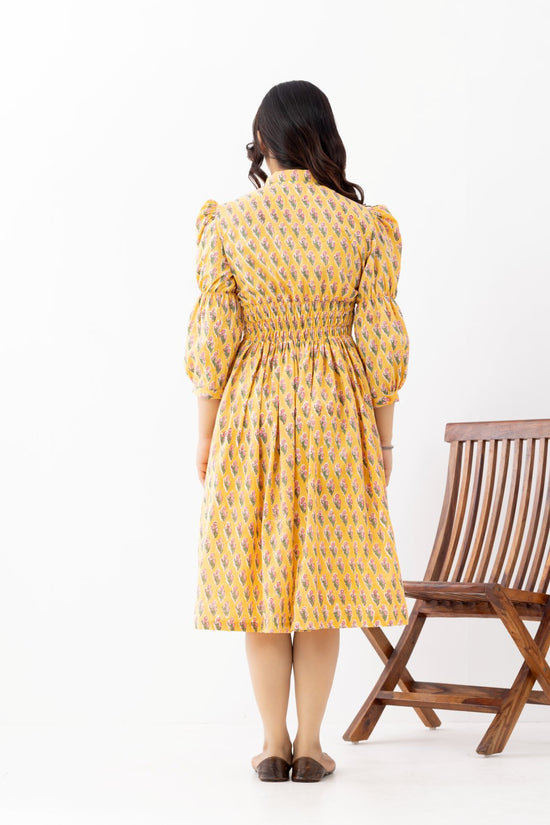 pure linen fabric booti printed yellow patterned dress with side pockets