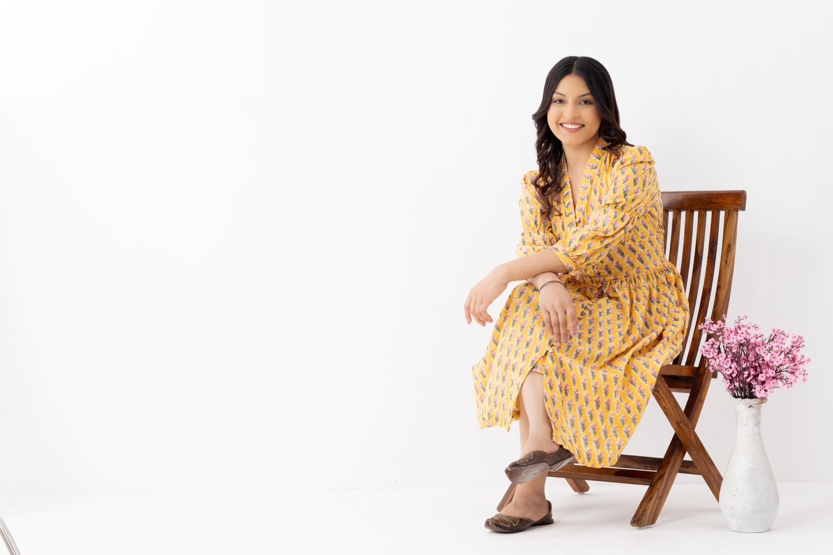 pure linen fabric booti printed yellow patterned dress with side pockets