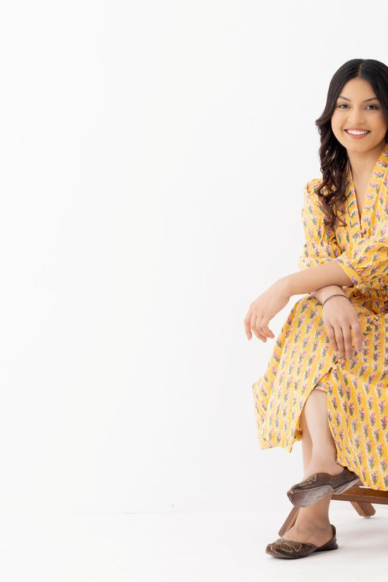 pure linen fabric booti printed yellow patterned dress with side pockets