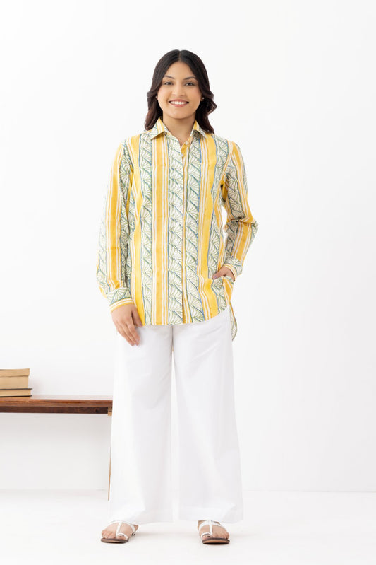 Pure linen cotton fabric yellow and green patterned shirt with full length sleeves
