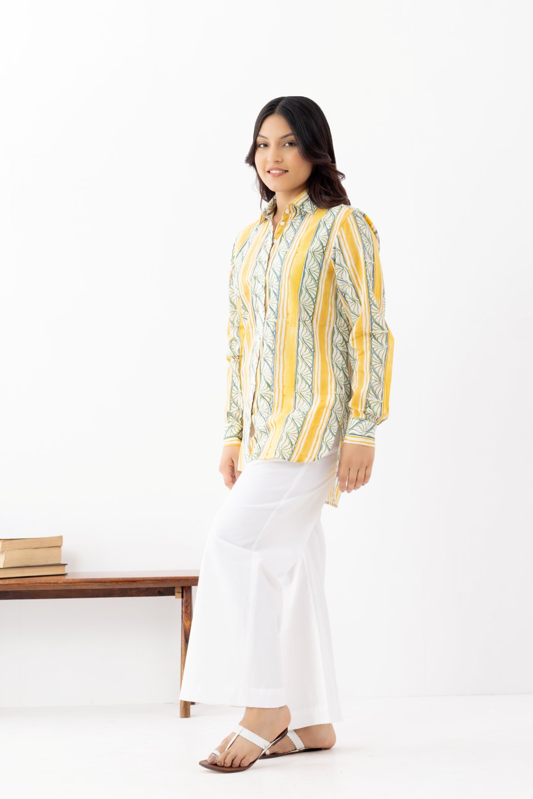 Pure linen cotton fabric yellow and green patterned shirt with full length sleeves