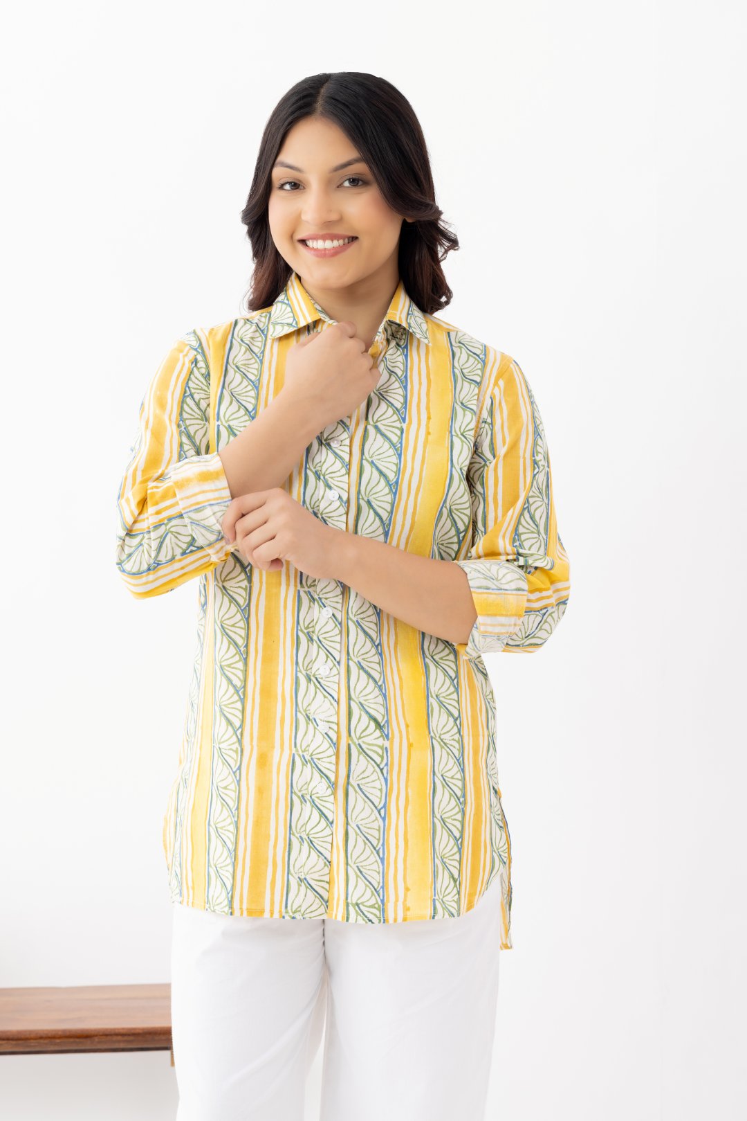 Pure linen cotton fabric yellow and green patterned shirt with full length sleeves