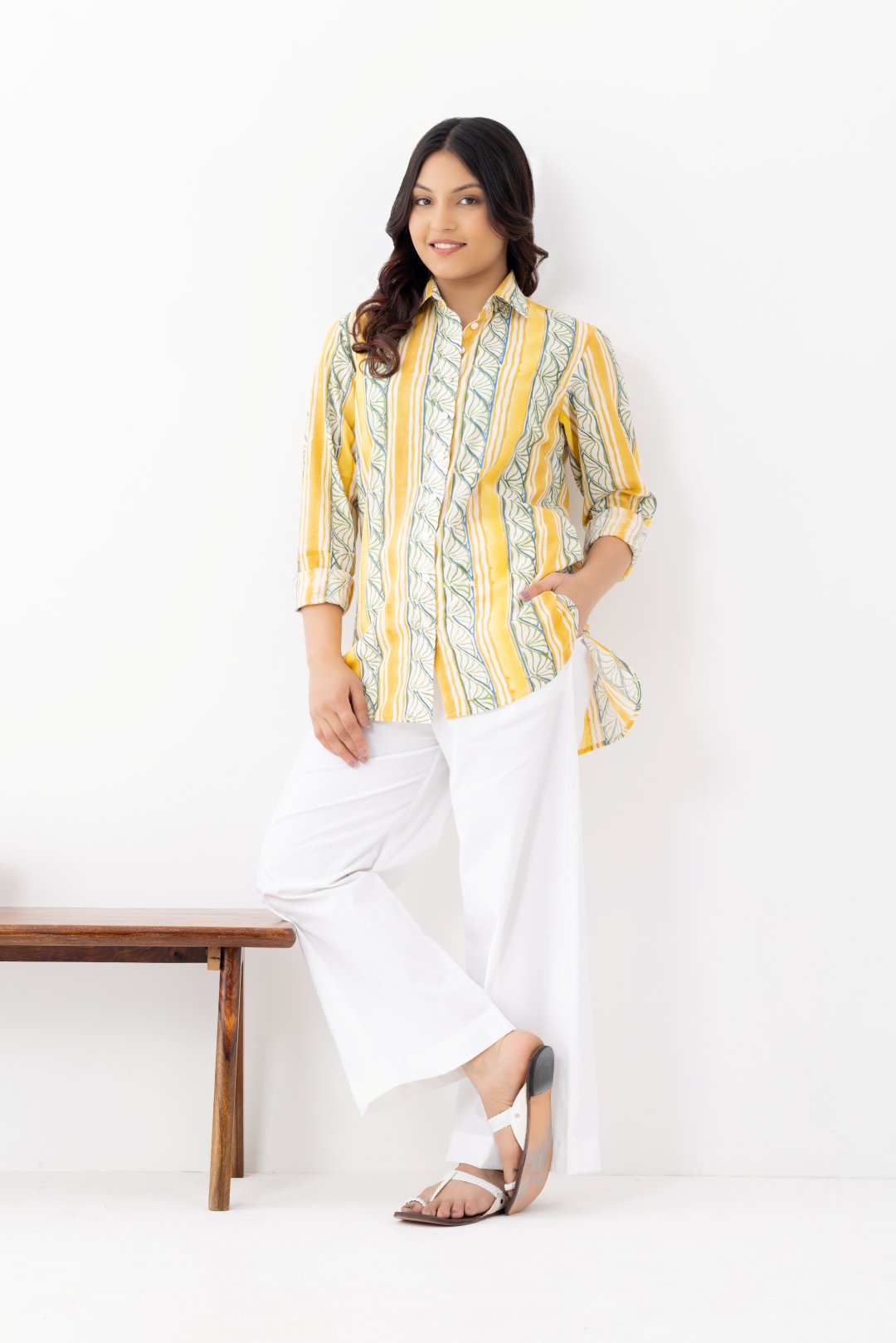 Pure linen cotton fabric yellow and green patterned shirt with full length sleeves