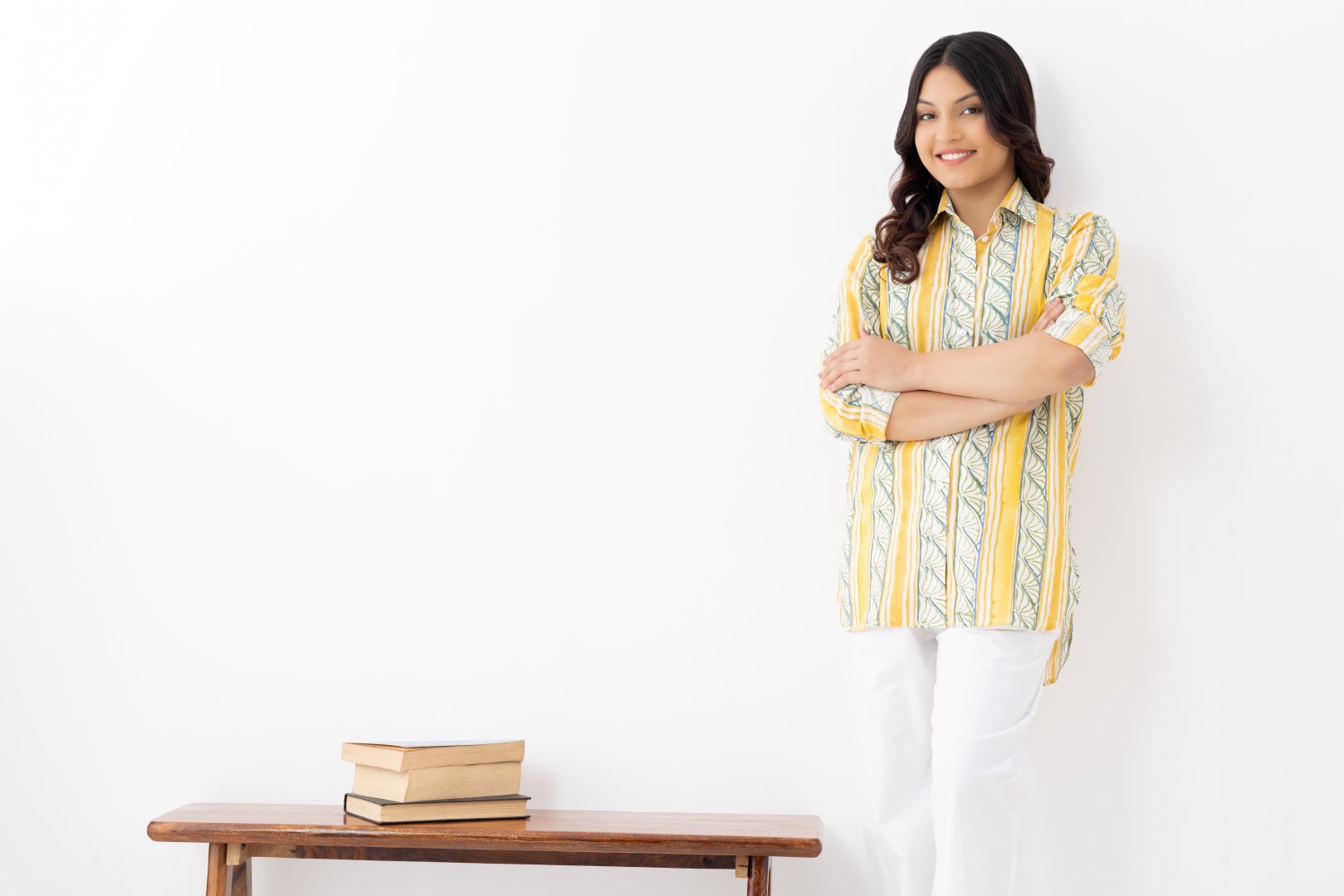 Pure linen cotton fabric yellow and green patterned shirt with full length sleeves