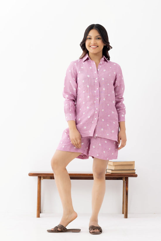 pink polka dot co-ords set with full sleeve shirt and shorts with pocket