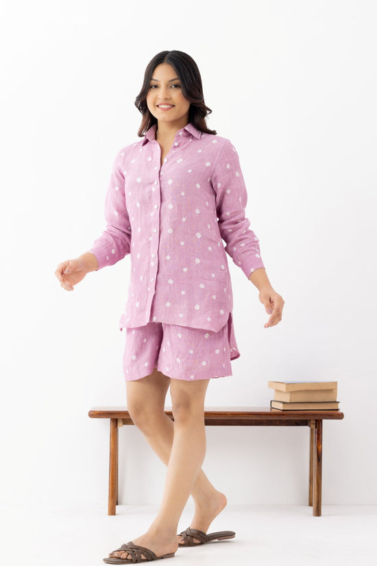 pink polka dot co-ords set with full sleeve shirt and shorts with pocket