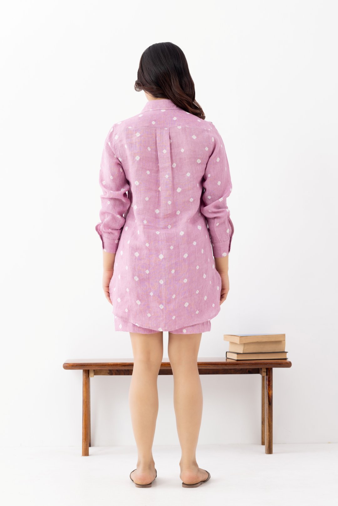 pink polka dot co-ords set with full sleeve shirt and shorts with pocket