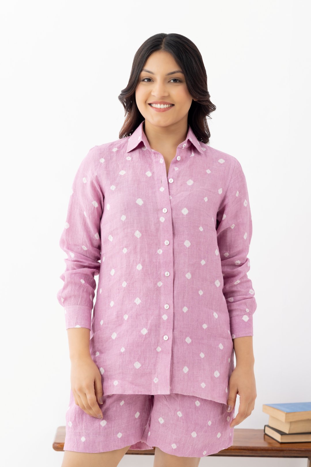pink polka dot co-ords set with full sleeve shirt and shorts with pocket