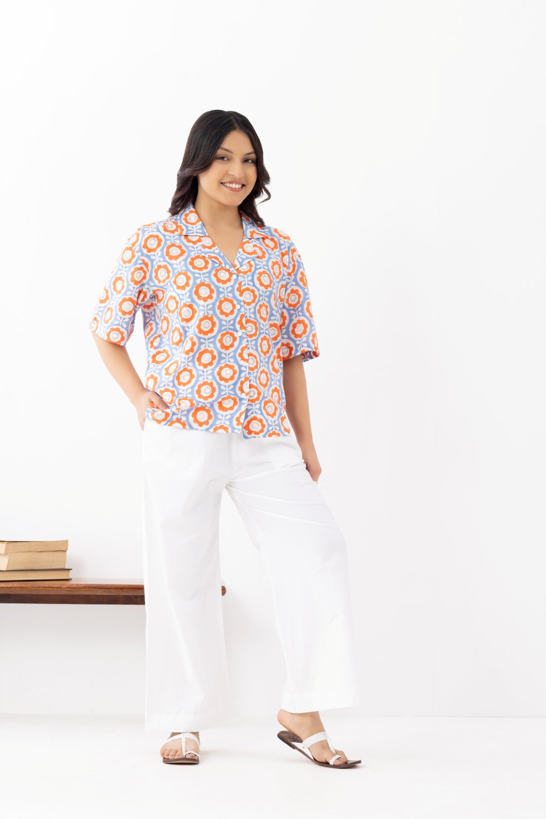 Pure linen cotton fabric block print patterned collar shirt with half sleeves