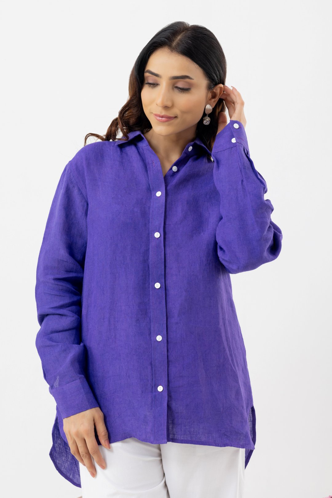 Pure Linen Fabric Purple coords set contains a full sleeves collar shirt