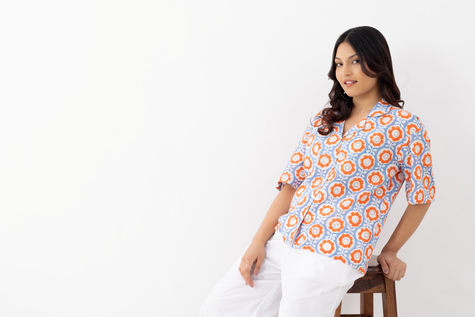 Pure linen cotton fabric block print patterned collar shirt with half sleeves