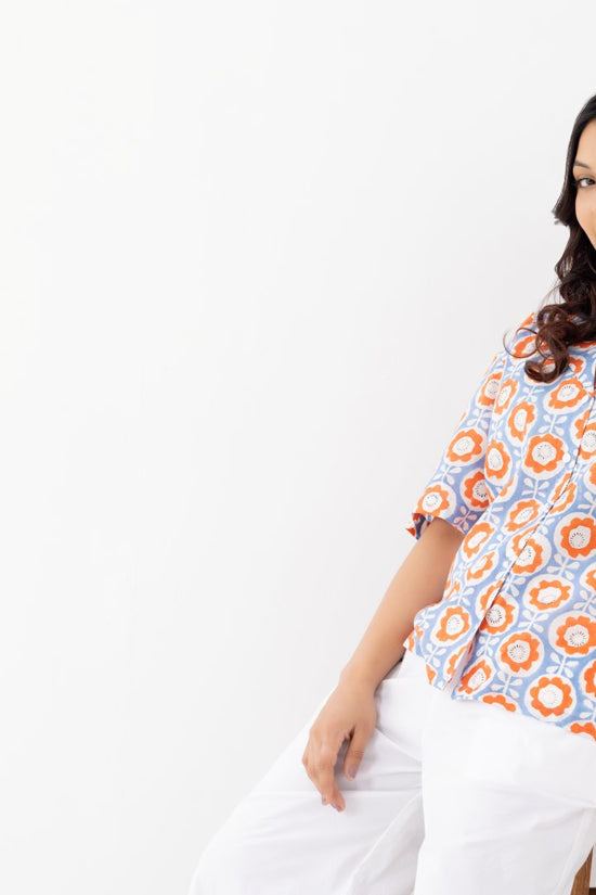 Pure linen cotton fabric block print patterned collar shirt with half sleeves