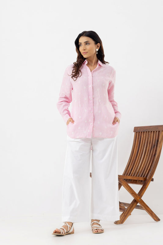 full sleeves pure linen light pink polka dot shirt 