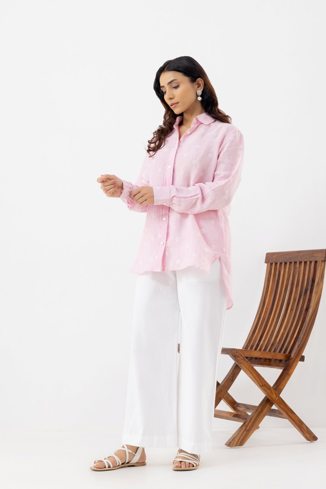 full sleeves pure linen light pink polka dot shirt 