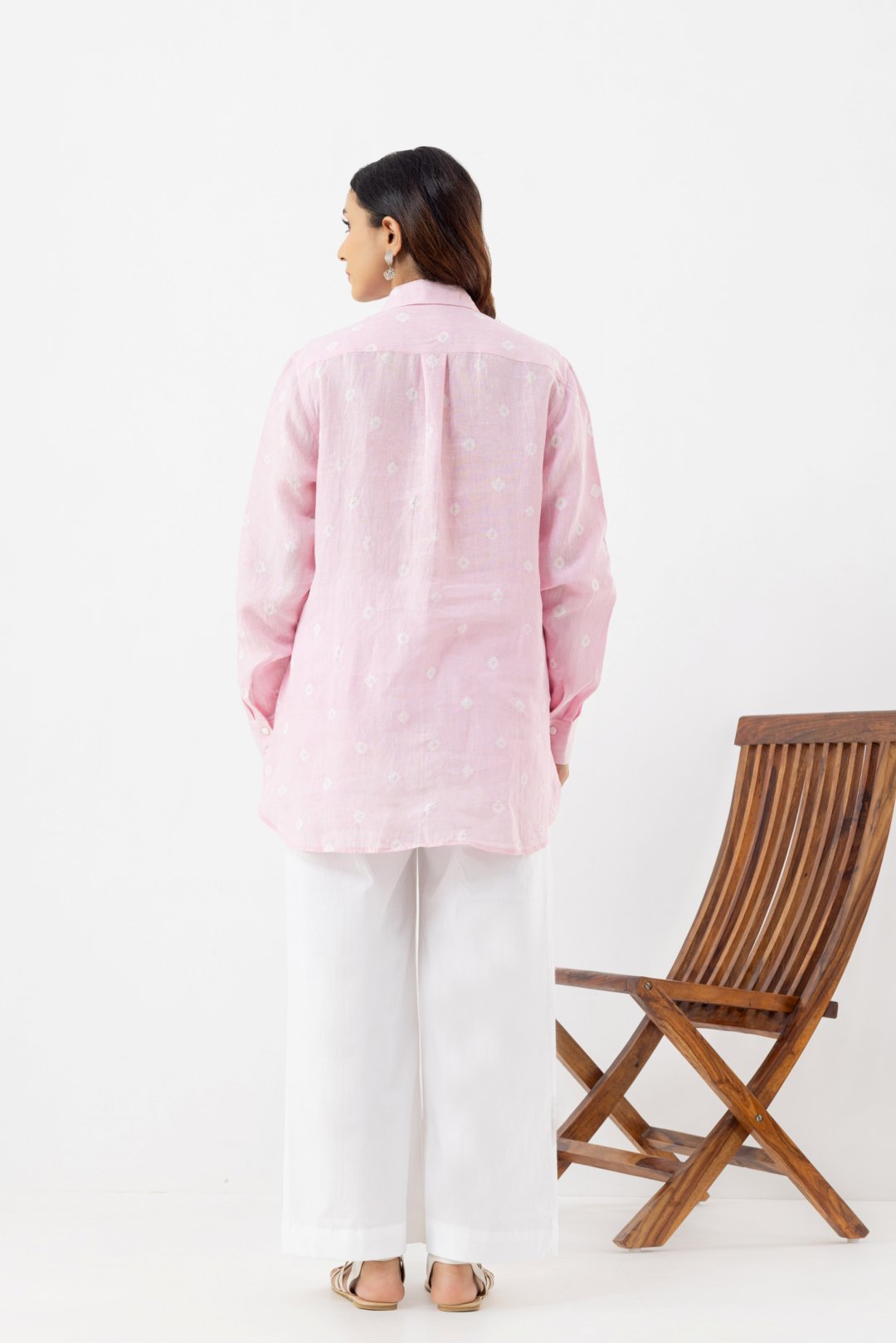 full sleeves pure linen light pink polka dot shirt 