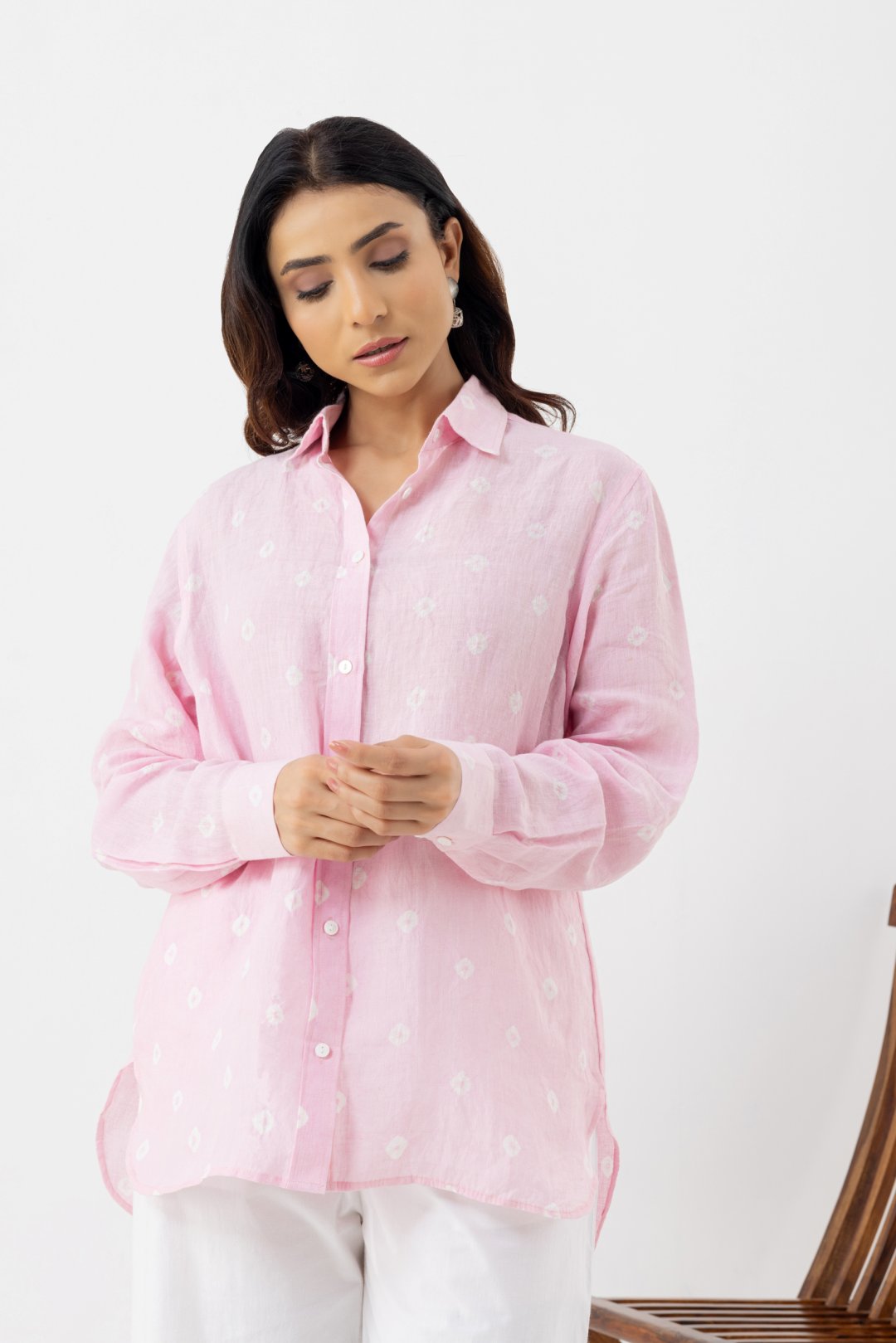 full sleeves pure linen light pink polka dot shirt 