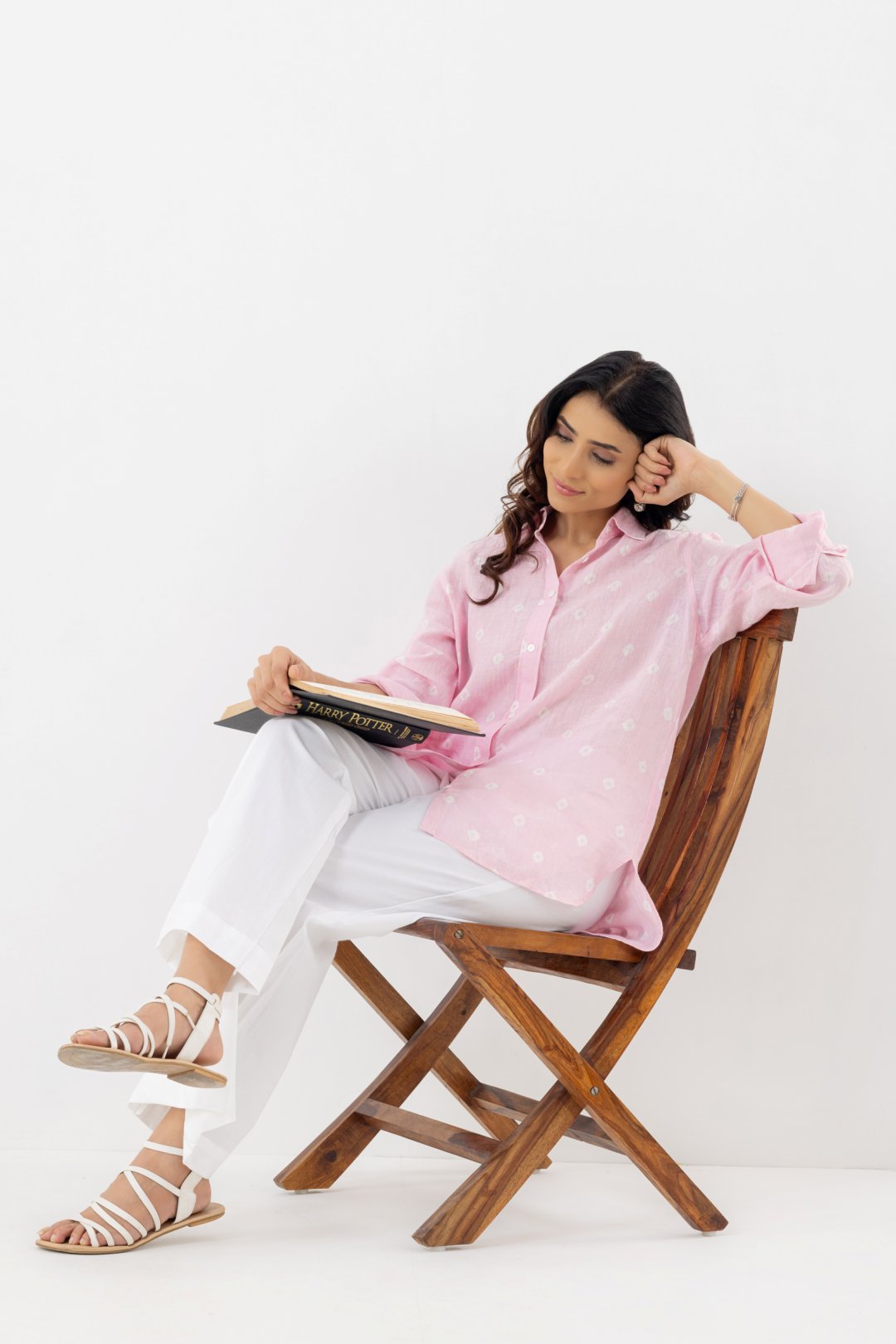 full sleeves pure linen light pink polka dot shirt 