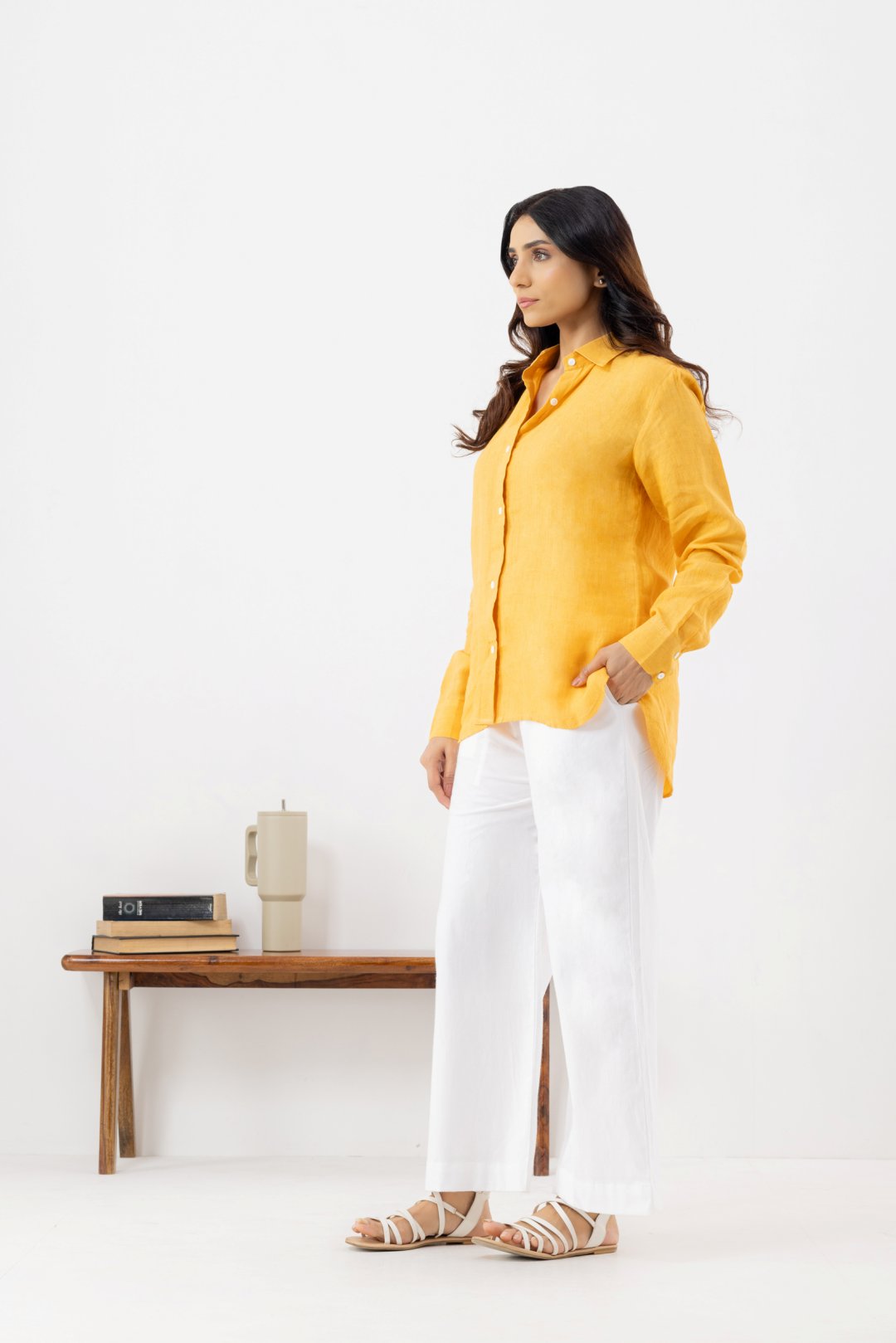 full sleeves pure linen yellow shirt 