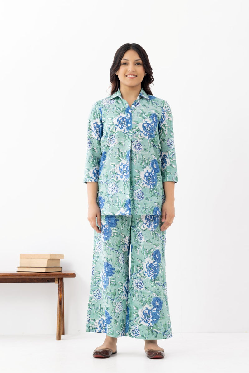 Sea Green Sanganeri Organic Cotton Coord set
