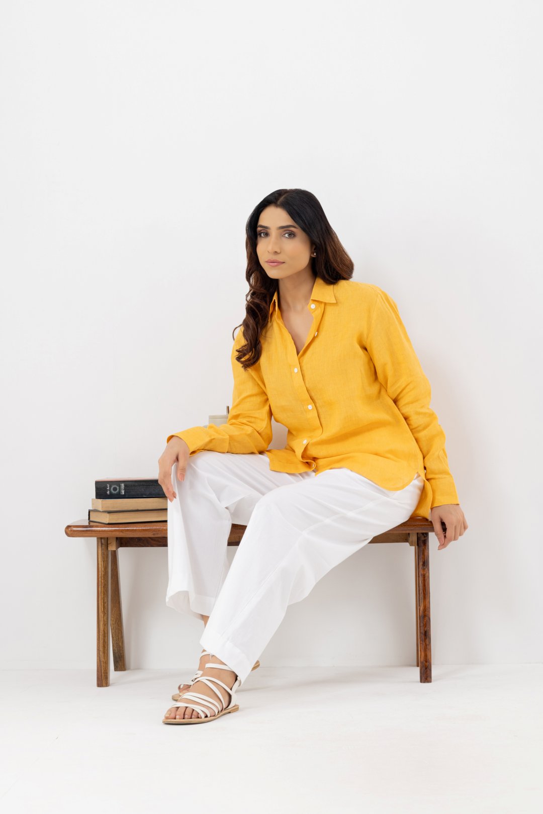 full sleeves pure linen yellow shirt 
