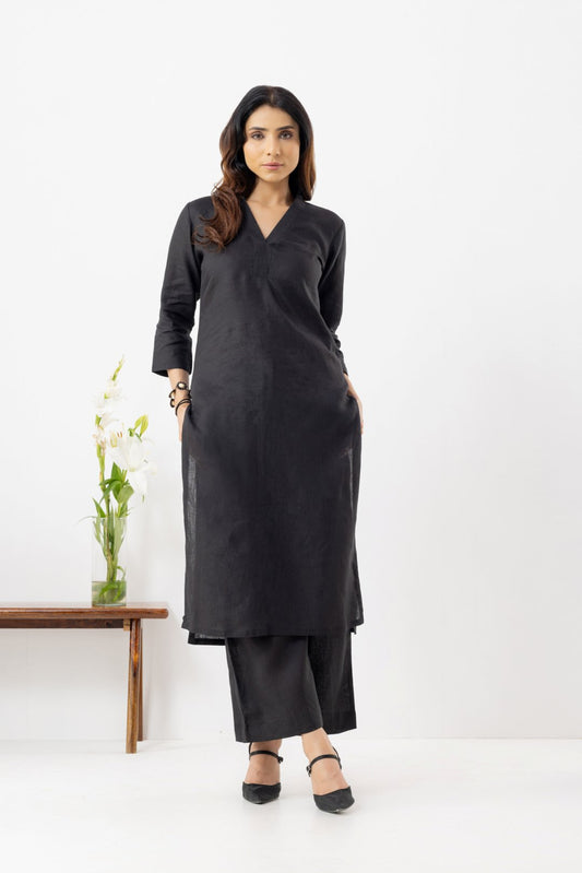 Soft Pure Linen black cc-ords Kurta with Palazzo Salwar by Vastrito 