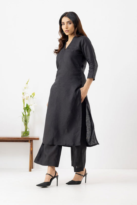 Soft Pure Linen black cc-ords Kurta with Palazzo Salwar by Vastrito 