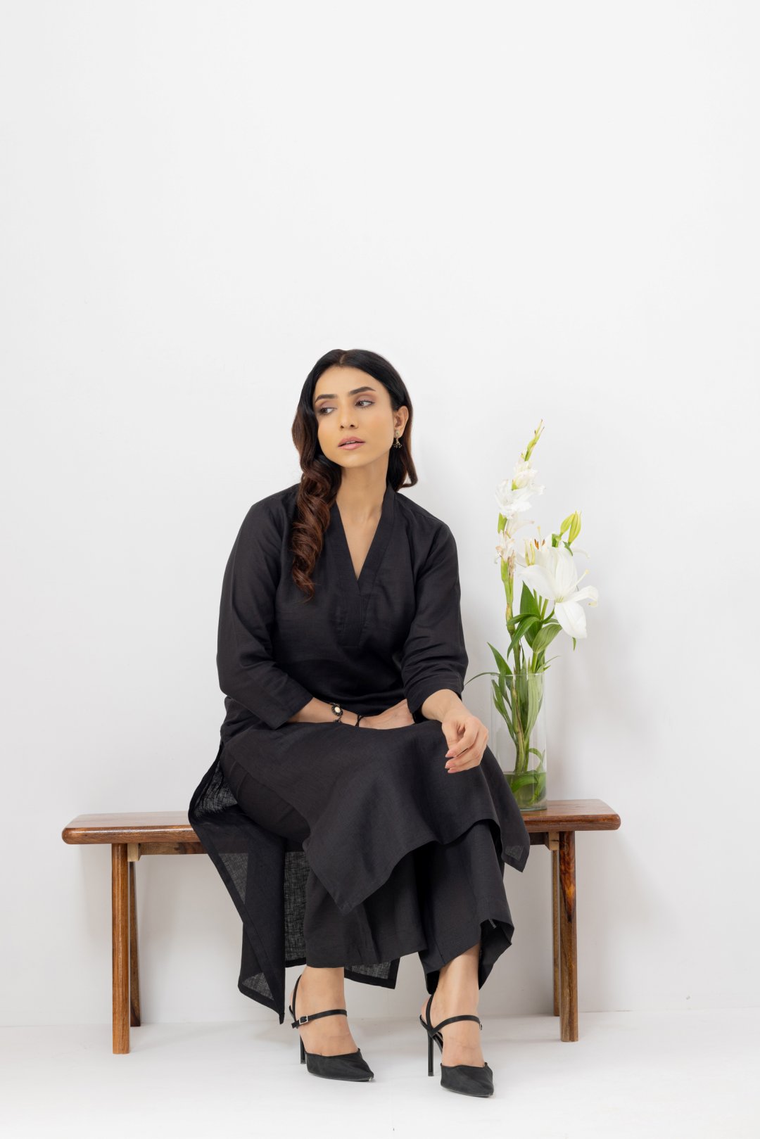 Soft Pure Linen black cc-ords Kurta with Palazzo Salwar by Vastrito 